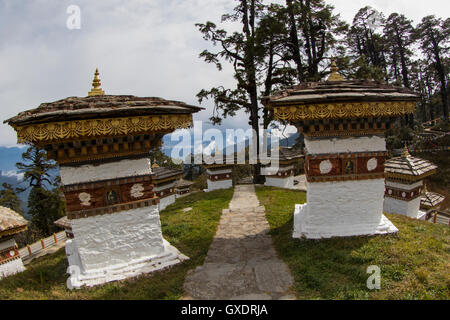 View of Dochula Pass, on the way from Thimphu to Punaka, overlooking the Himalayas, is a concentration of 108 chortens (stupas) Stock Photo