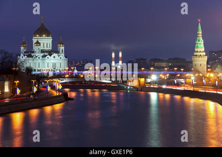 Touristic spot in the Moscow center (landmark): view to the Kremlin with wall and towers and Moskva river Stock Photo