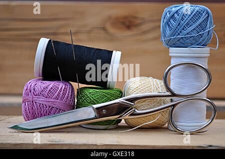 spools of thread,scissors, needles Stock Photo