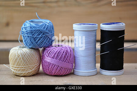 spools of thread,scissors, needles Stock Photo