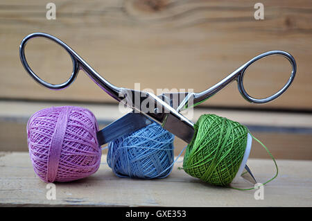 spools of thread,scissors, needles Stock Photo