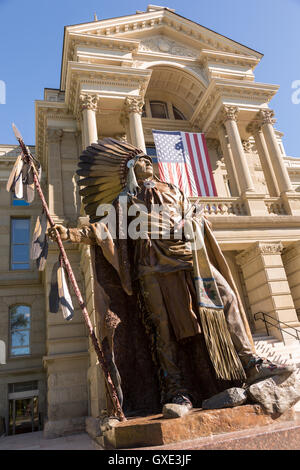 Statue of Chief Washakie of the Shoshone tribe at the Wyoming State Capitol Building in Cheyenne, Wyoming. Chief Washakie was a famed Native American warrior and instrumental in establishing peace between Indians and settlers in Wyoming. Stock Photo