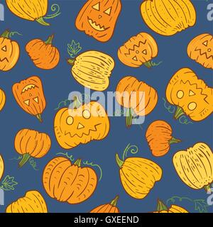 Seamless texture with funny scary harvest illustrations on blue background Stock Vector