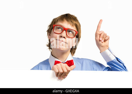 boy with glasses holding a white placard Stock Photo