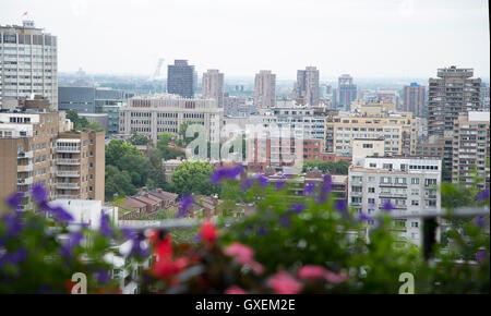 View from balcony of a flat in Mount Royal of Downtown Montreal facing east towards the Olympic Tower. Stock Photo