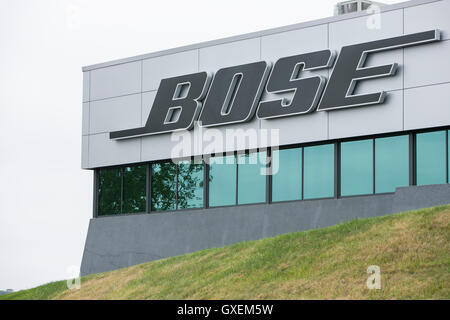 A logo sign outside of the headquarters of the Bose Corporation in Framingham, Massachusetts on August 13, 2016. Stock Photo