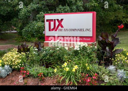 A logo sign outside of the headquarters of The TJX Companies, Inc., in Framingham, Massachusetts on August 13, 2016. Stock Photo