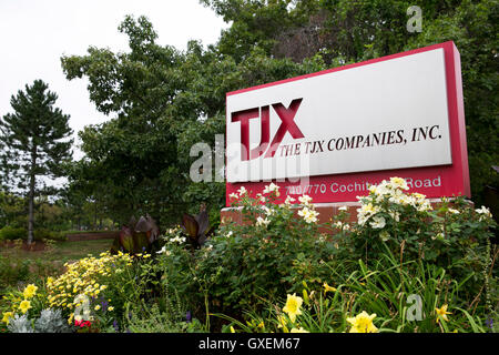 A logo sign outside of the headquarters of The TJX Companies, Inc., in Framingham, Massachusetts on August 13, 2016. Stock Photo