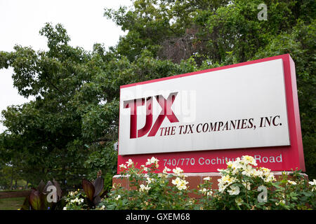 A logo sign outside of the headquarters of The TJX Companies, Inc., in Framingham, Massachusetts on August 13, 2016. Stock Photo