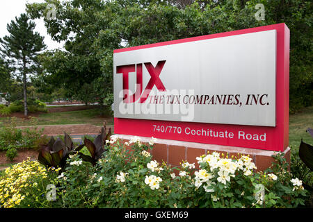 A logo sign outside of the headquarters of The TJX Companies, Inc., in Framingham, Massachusetts on August 13, 2016. Stock Photo