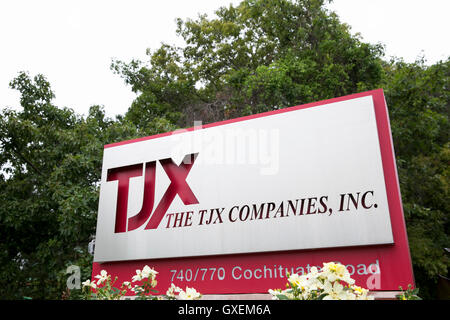 A logo sign outside of the headquarters of The TJX Companies, Inc., in Framingham, Massachusetts on August 13, 2016. Stock Photo