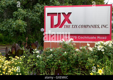 A logo sign outside of the headquarters of The TJX Companies, Inc., in Framingham, Massachusetts on August 13, 2016. Stock Photo