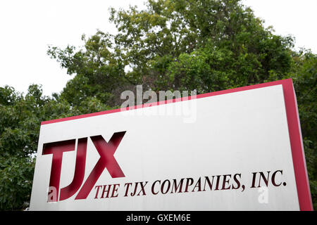 A logo sign outside of the headquarters of The TJX Companies, Inc., in Framingham, Massachusetts on August 13, 2016. Stock Photo