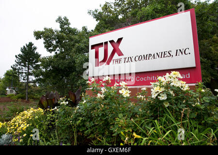 A logo sign outside of the headquarters of The TJX Companies, Inc., in Framingham, Massachusetts on August 13, 2016. Stock Photo