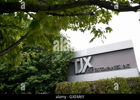 A logo sign outside of the headquarters of The TJX Companies, Inc., in Framingham, Massachusetts on August 13, 2016. Stock Photo