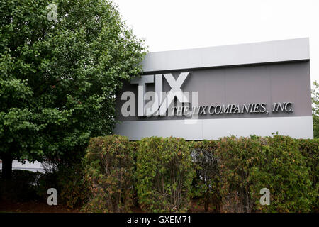 A logo sign outside of the headquarters of The TJX Companies, Inc., in Framingham, Massachusetts on August 13, 2016. Stock Photo