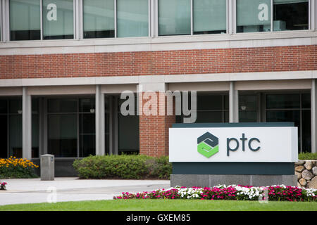 A logo sign outside of the headquarters of PTC, Inc., in Needham, Massachusetts on August 13, 2016. Stock Photo