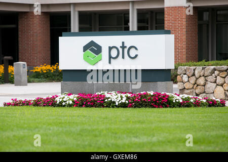A logo sign outside of the headquarters of PTC, Inc., in Needham, Massachusetts on August 13, 2016. Stock Photo