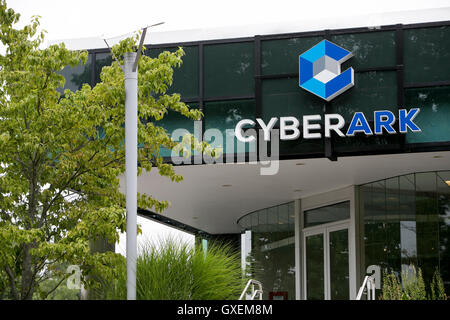 A logo sign outside of the headquarters of CyberArk in Newton, Massachusetts on August 13, 2016. Stock Photo
