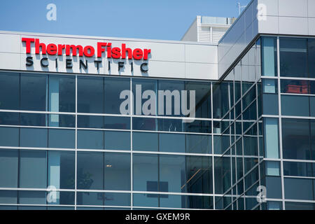 A logo sign outside of the headquarters of Thermo Fisher Scientific