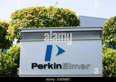 A logo sign outside of the headquarters of PerkinElmer, Inc., in Waltham, Massachusetts on August 13, 2016. Stock Photo