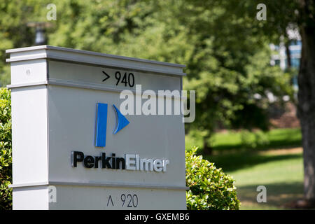 A logo sign outside of the headquarters of PerkinElmer, Inc., in Waltham, Massachusetts on August 13, 2016. Stock Photo