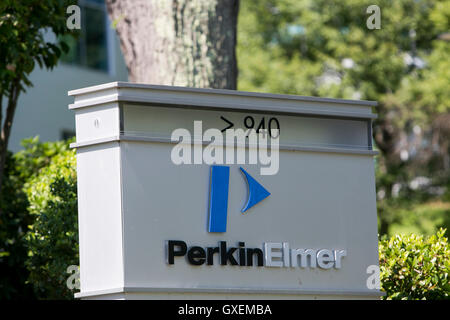 A logo sign outside of the headquarters of PerkinElmer, Inc., in Waltham, Massachusetts on August 13, 2016. Stock Photo