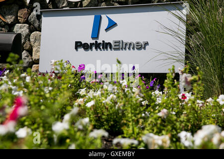 A logo sign outside of the headquarters of PerkinElmer, Inc., in Waltham, Massachusetts on August 13, 2016. Stock Photo