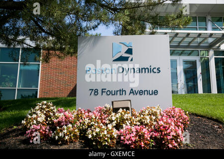 A logo sign outside of the headquarters of Boston Dynamics in Waltham, Massachusetts on August 13, 2016. Stock Photo