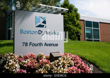 A logo sign outside of the headquarters of Boston Dynamics in Waltham, Massachusetts on August 13, 2016. Stock Photo