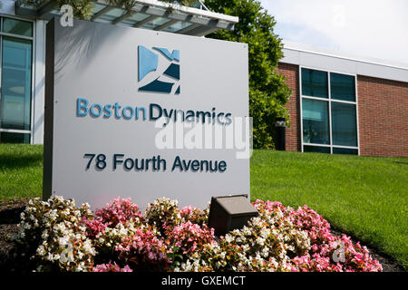 A logo sign outside of the headquarters of Boston Dynamics in Waltham, Massachusetts on August 13, 2016. Stock Photo