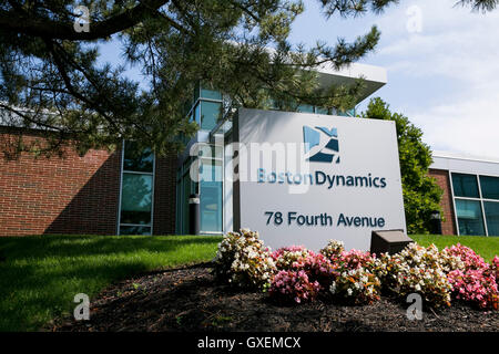 A logo sign outside of the headquarters of Boston Dynamics in Waltham, Massachusetts on August 13, 2016. Stock Photo