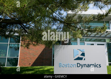 A logo sign outside of the headquarters of Boston Dynamics in Waltham, Massachusetts on August 13, 2016. Stock Photo