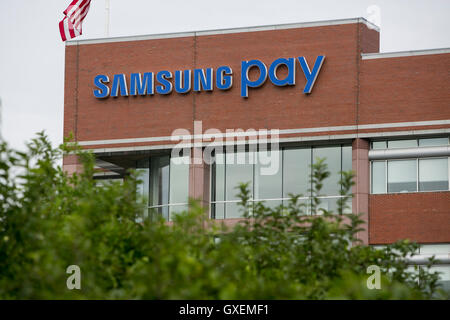 A logo sign outside of the headquarters of Samsung Pay in Burlington, Massachusetts on August 13, 2016. Stock Photo