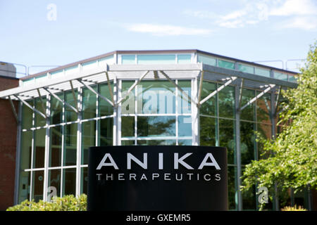 A logo sign outside of the headquarters of Anika Therapeutics in Bedford, Massachusetts on August 14, 2016 Stock Photo