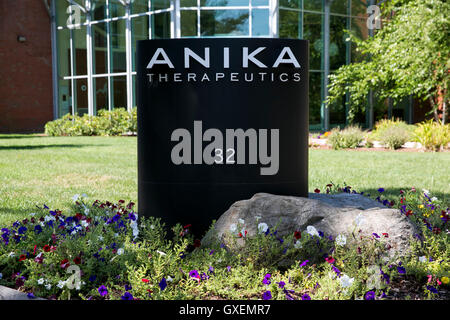 A logo sign outside of the headquarters of Anika Therapeutics in Bedford, Massachusetts on August 14, 2016 Stock Photo