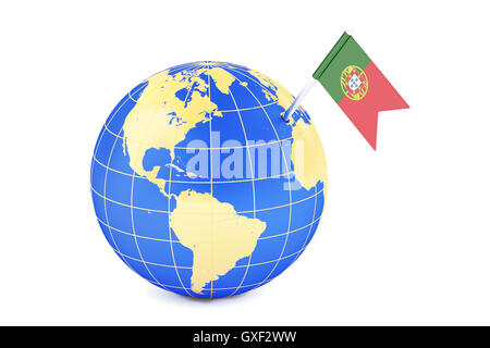 Portuguese pin flag on globe map, 3D rendering Stock Photo