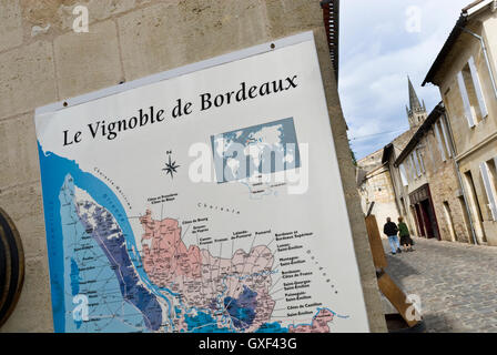 Wine map of the Bordeaux region on side of wine shop in Saint-Émilion, Gironde, France Stock Photo