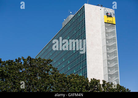 A logo sign outside of the headquarters of Eni S.p.A. in Rome, Italy on September 2, 2016. Stock Photo