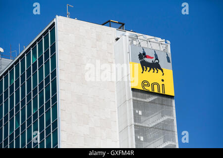 A logo sign outside of the headquarters of Eni S.p.A. in Rome, Italy on September 2, 2016. Stock Photo