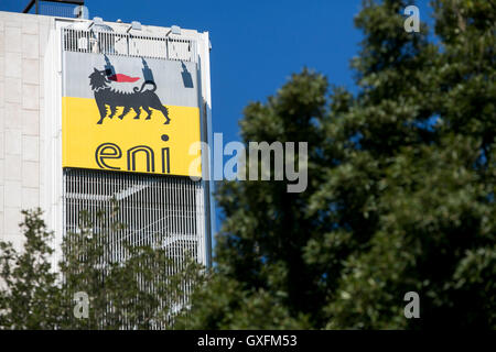 A logo sign outside of the headquarters of Eni S.p.A. in Rome, Italy on September 2, 2016. Stock Photo