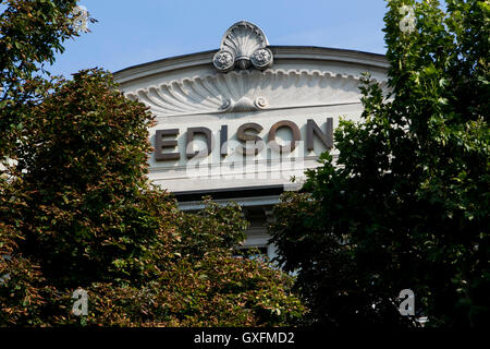 A logo sign outside of the headquarters of Edison S.p.A. in Milan, Italy on September 3, 2016. Stock Photo