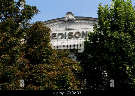 A logo sign outside of the headquarters of Edison S.p.A. in Milan, Italy on September 3, 2016. Stock Photo