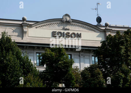 A logo sign outside of the headquarters of Edison S.p.A. in Milan, Italy on September 3, 2016. Stock Photo