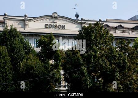 A logo sign outside of the headquarters of Edison S.p.A. in Milan, Italy on September 3, 2016. Stock Photo