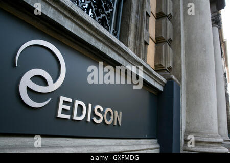 A logo sign outside of the headquarters of Edison S.p.A. in Milan, Italy on September 3, 2016. Stock Photo