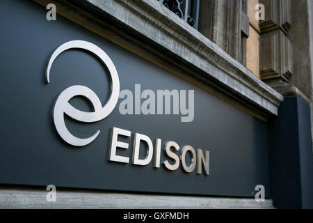 A logo sign outside of the headquarters of Edison S.p.A. in Milan, Italy on September 3, 2016. Stock Photo