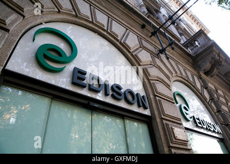 A logo sign outside of the headquarters of Edison S.p.A. in Milan, Italy on September 3, 2016. Stock Photo