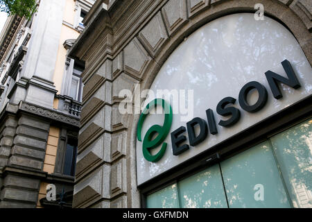 A logo sign outside of the headquarters of Edison S.p.A. in Milan, Italy on September 3, 2016. Stock Photo