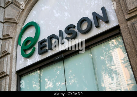 A logo sign outside of the headquarters of Edison S.p.A. in Milan, Italy on September 3, 2016. Stock Photo